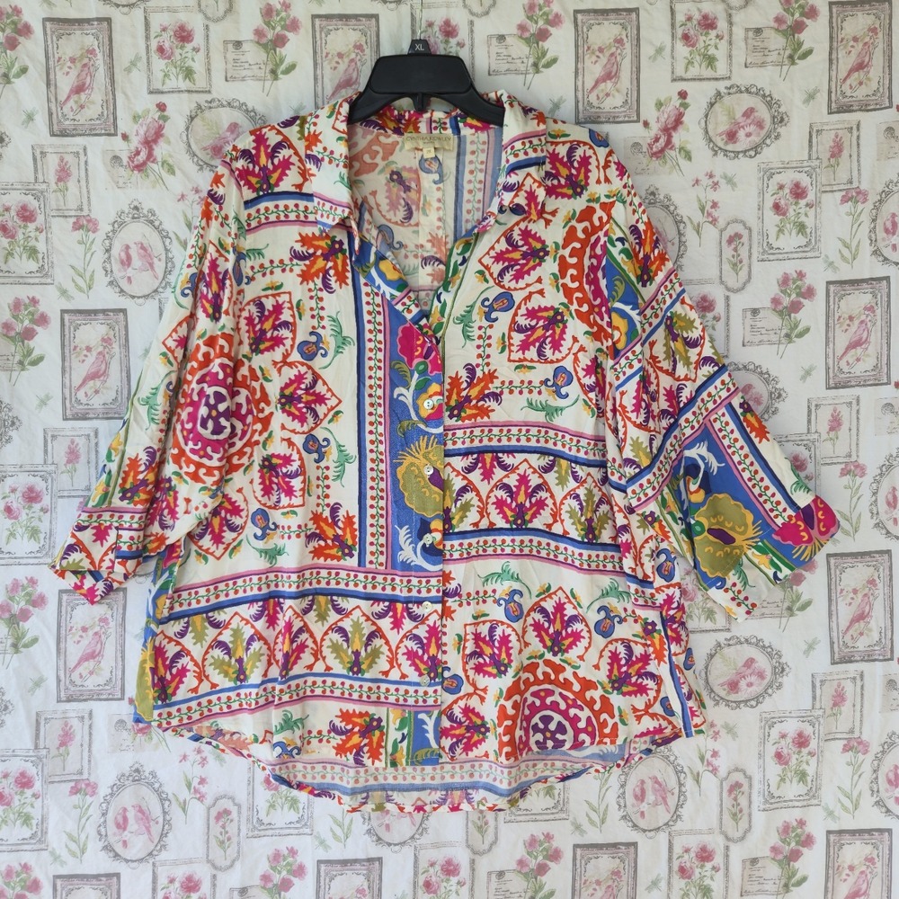 Cynthia Rowley Woman Blouse 2X Plus Size Multicolor Paisley Floral Boho Top